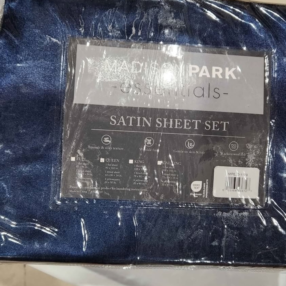 Madison Park Deep Blue Satin Sheet Set QUEEN